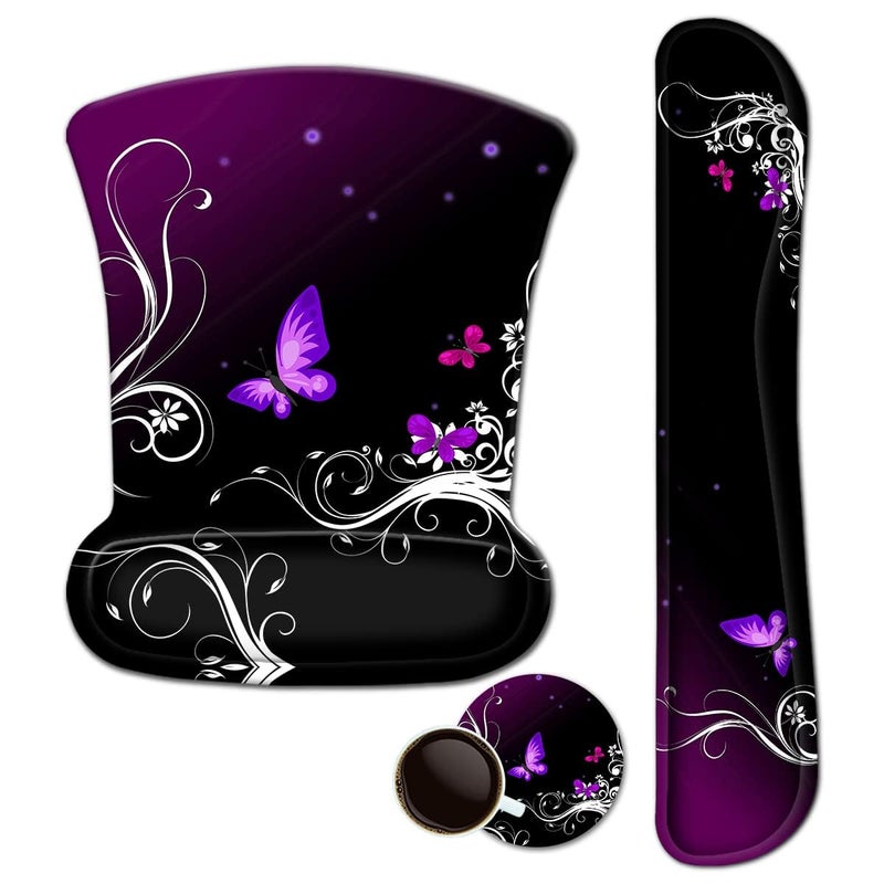 iVeze Mouse Pad with Wrist Support and Keyboard Wrist Rest Pad Set,Ergonomic Mouse Pads for Computers Laptop,Non-Slip Comfortable Mousepad w/Raised Memory Foam for Easy Typing Pain Relief (Purple Butterfly) - Image 1